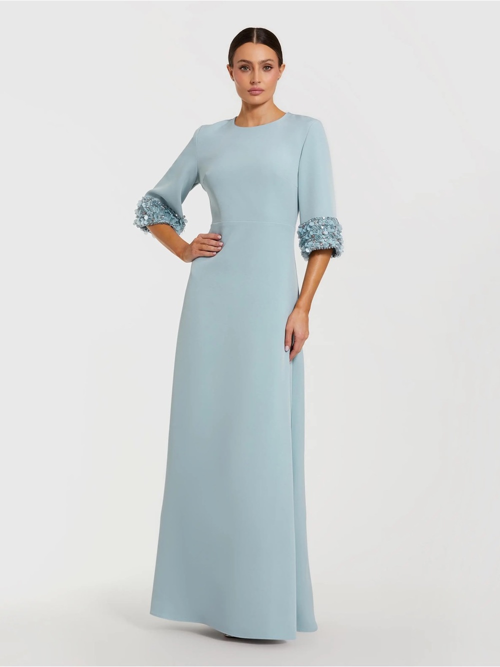 Mac Duggal 2342 Blue A Line Crepe Gown Embellished 3/4 Sleeves sz 20